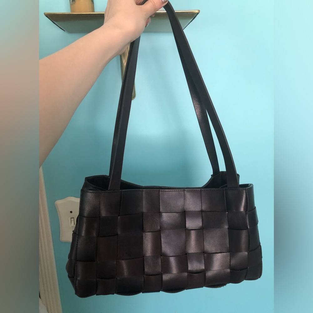 St Agni chocolate woven leather small tote